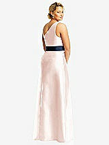 Rear View Thumbnail - Blush & Midnight Navy Draped One-Shoulder Satin Maxi Dress with Pockets