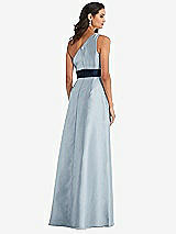 Alt View 3 Thumbnail - Mist & Midnight Navy Draped One-Shoulder Satin Maxi Dress with Pockets