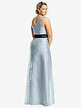 Rear View Thumbnail - Mist & Midnight Navy Draped One-Shoulder Satin Maxi Dress with Pockets