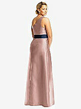 Rear View Thumbnail - Neu Nude & Midnight Navy Draped One-Shoulder Satin Maxi Dress with Pockets