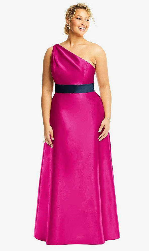 Front View - Think Pink & Midnight Navy Draped One-Shoulder Satin Maxi Dress with Pockets