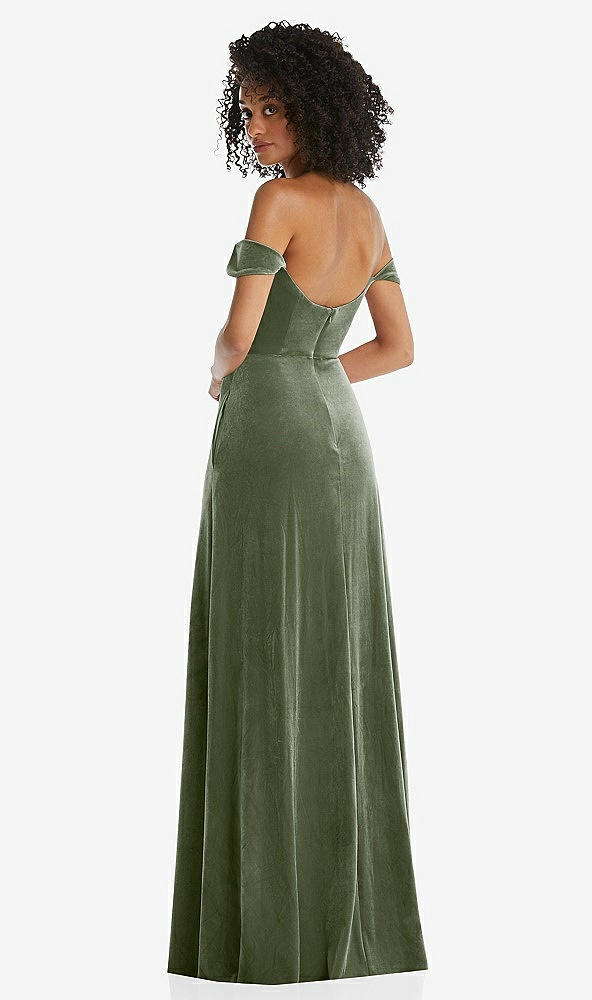 Back View - Sage Off-the-Shoulder Flounce Sleeve Velvet Maxi Dress