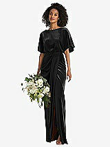 Alt View 1 Thumbnail - Black Flutter Sleeve Open-Back Velvet Maxi Dress with Draped Wrap Skirt