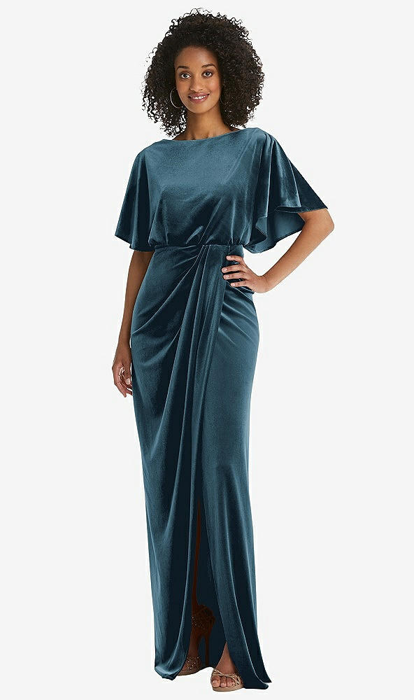 Front View - Dutch Blue Flutter Sleeve Open-Back Velvet Maxi Dress with Draped Wrap Skirt