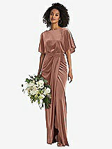 Alt View 1 Thumbnail - Tawny Rose Flutter Sleeve Open-Back Velvet Maxi Dress with Draped Wrap Skirt