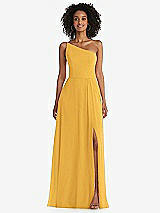 Front View Thumbnail - NYC Yellow One-Shoulder Chiffon Maxi Dress with Shirred Front Slit