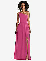 Front View Thumbnail - Tea Rose One-Shoulder Chiffon Maxi Dress with Shirred Front Slit