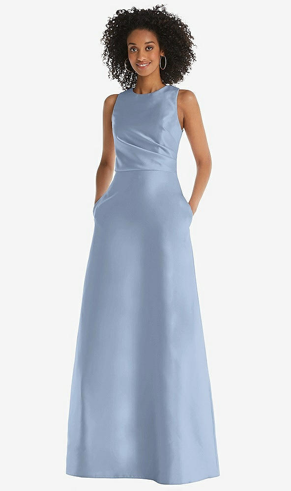 Front View - Cloudy Jewel Neck Asymmetrical Shirred Bodice Maxi Dress with Pockets