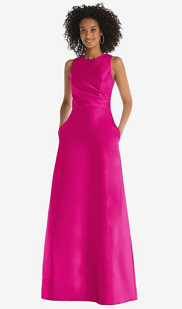 Front View - Think Pink Jewel Neck Asymmetrical Shirred Bodice Maxi Dress with Pockets