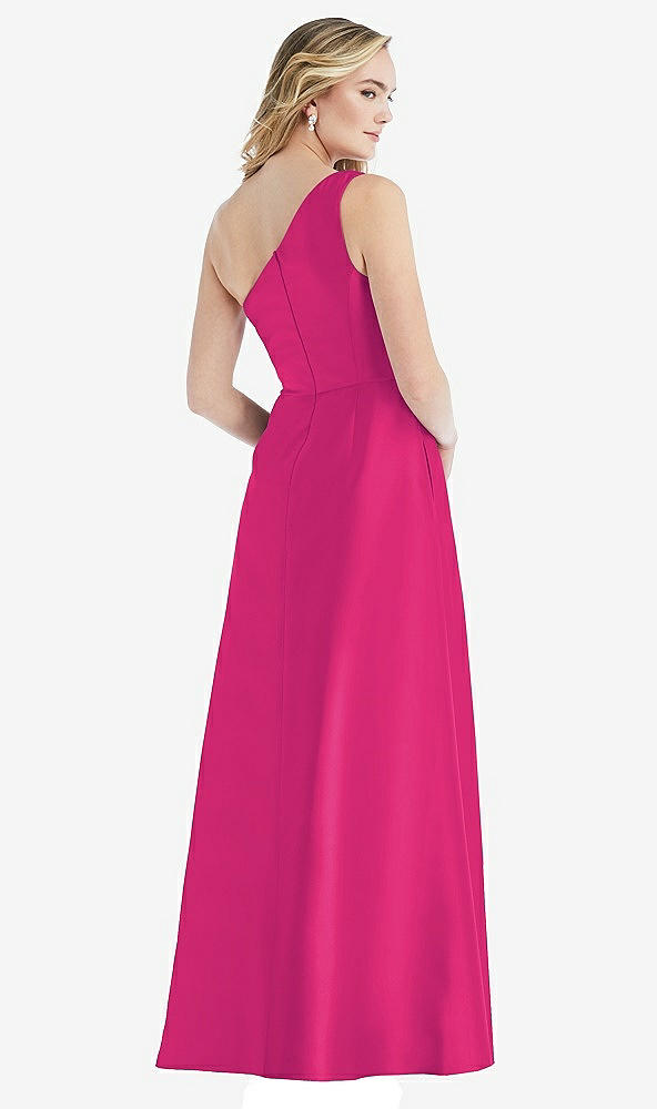 Back View - Think Pink Pleated Draped One-Shoulder Satin Maxi Dress with Pockets