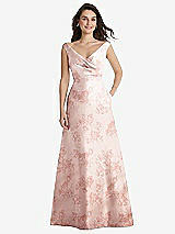 Front View Thumbnail - Bow And Blossom Print Off-the-Shoulder Draped Wrap Floral Satin Maxi Dress