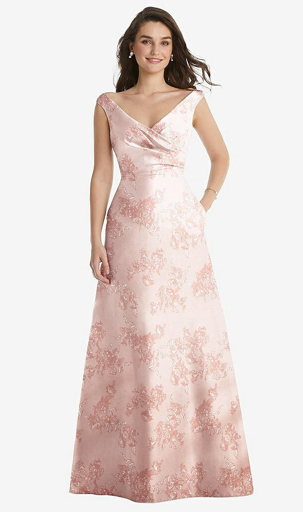 Front View - Bow And Blossom Print Off-the-Shoulder Draped Wrap Floral Satin Maxi Dress
