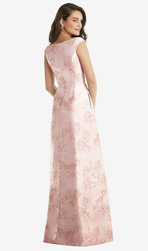 Back View - Bow And Blossom Print Off-the-Shoulder Draped Wrap Floral Satin Maxi Dress