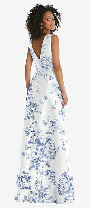 Jewel Neck Asymmetrical Shirred Bodice Floral Satin Maxi Jewel Neck Asymmetrical Shirred Bodice Floral Satin Maxi