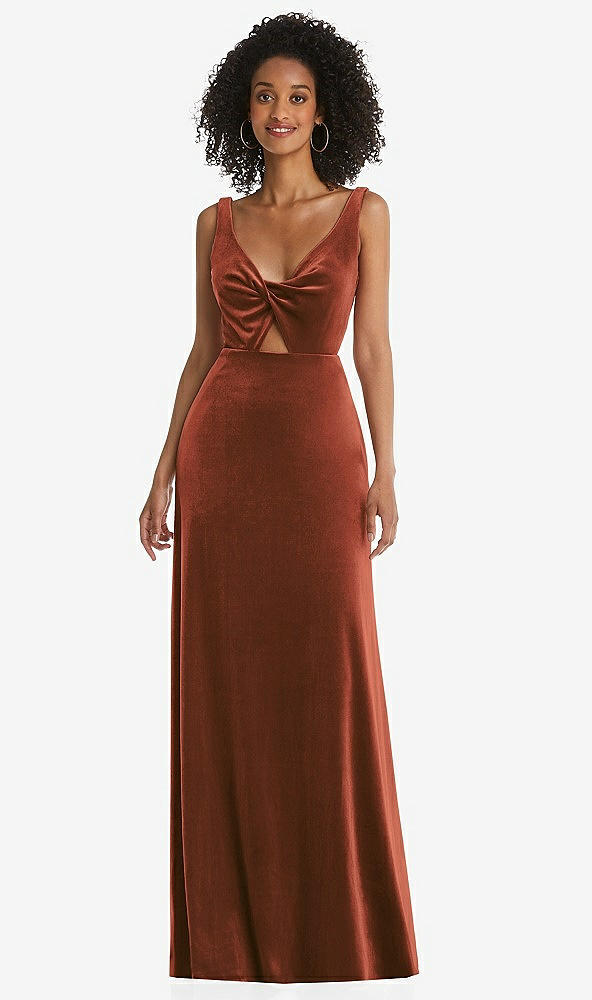 Front View - Auburn Moon Twist Front Cutout Velvet Maxi Dress - Cameron