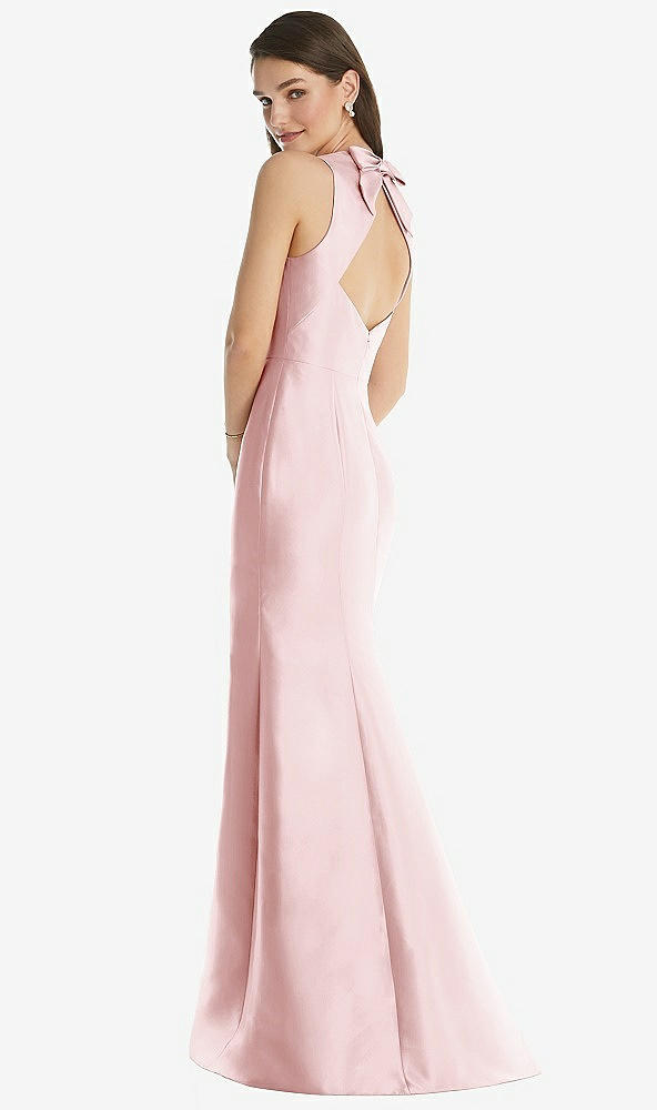 Back View - Ballet Pink Jewel Neck Bowed Open-Back Trumpet Dress with Front Slit