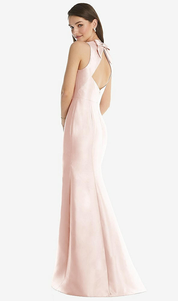 Back View - Blush Jewel Neck Bowed Open-Back Trumpet Dress with Front Slit