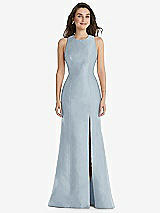 Front View Thumbnail - Mist Jewel Neck Bowed Open-Back Trumpet Dress with Front Slit