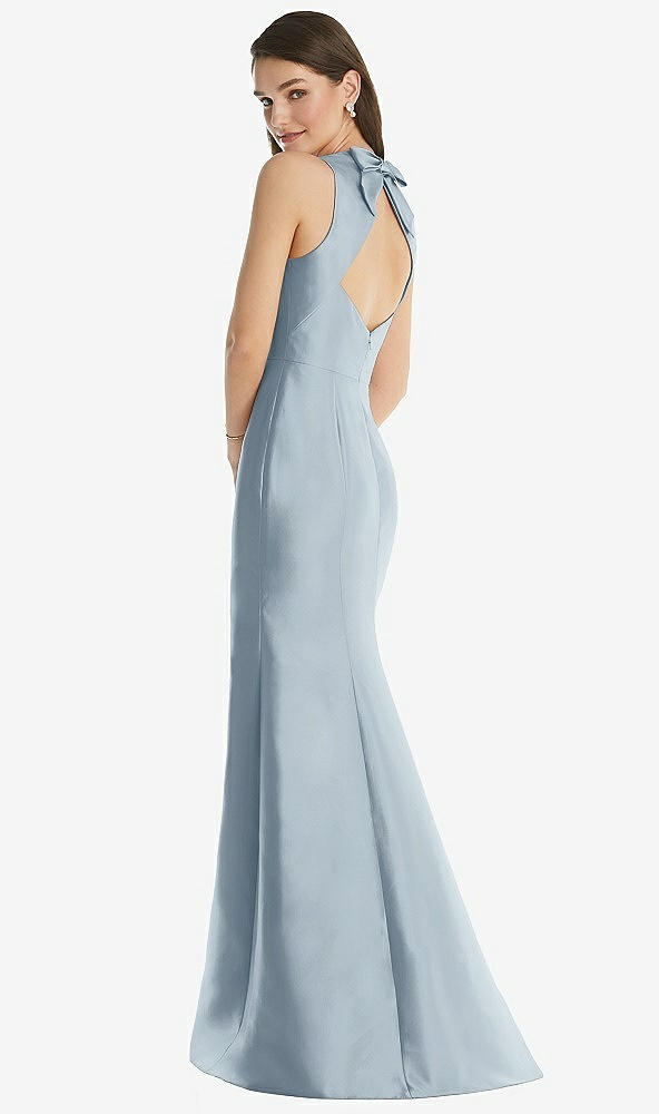 Back View - Mist Jewel Neck Bowed Open-Back Trumpet Dress with Front Slit