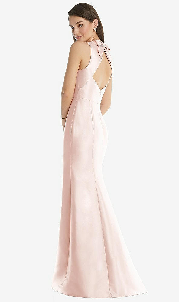 Back View - Blush Jewel Neck Bowed Open-Back Trumpet Dress 