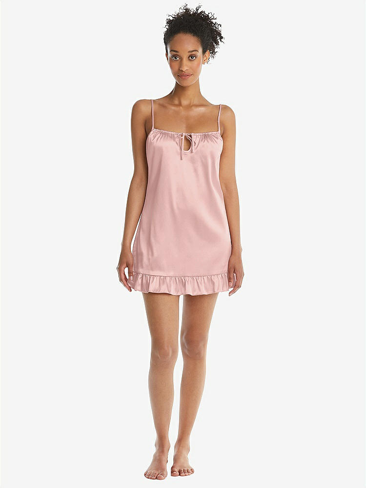 Front View - Rose - PANTONE Rose Quartz  Ruffled Hem Mini Stretch Satin Slip with Keyhole Neck - Jordan