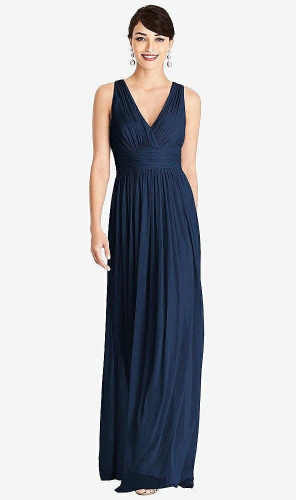 Front View - Midnight Navy Shirred Wrap Bodice Twist Back Maxi Dress