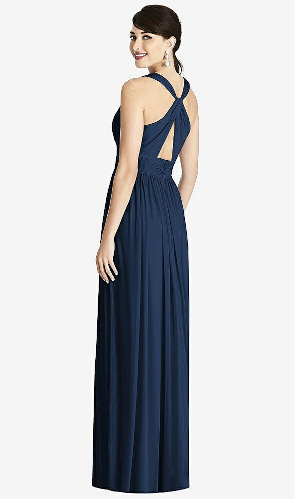 Back View - Midnight Navy Shirred Wrap Bodice Twist Back Maxi Dress