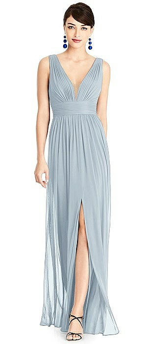 Illusion Plunge Neck Shirred Maxi Dress