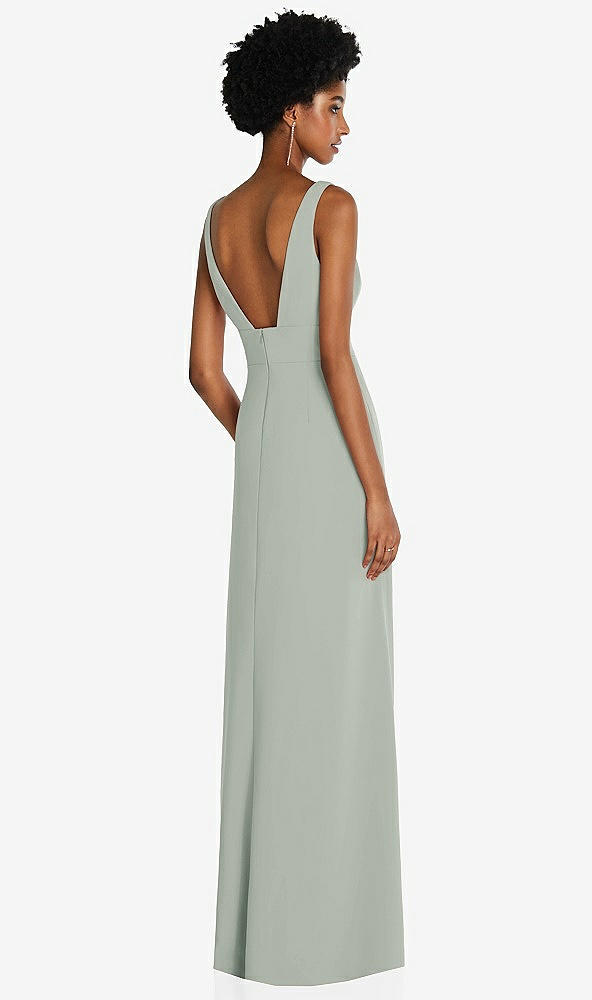 Back View - Willow Green Square Low-Back A-Line Dress with Front Slit and Pockets