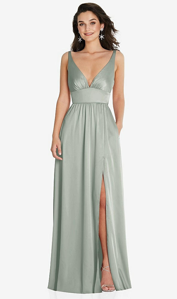 Front View - Willow Green Deep V-Neck Shirred Skirt Maxi Dress with Convertible Straps