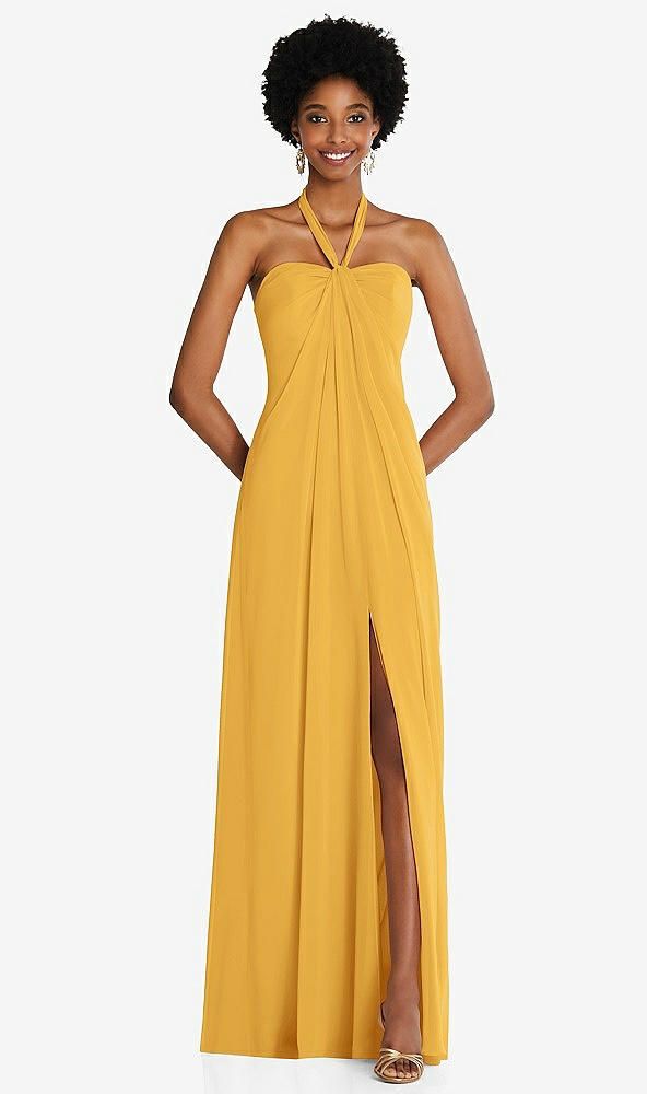 Front View - NYC Yellow Draped Chiffon Grecian Column Gown with Convertible Straps