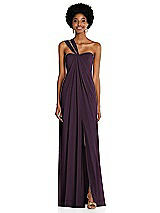 Alt View 1 Thumbnail - Aubergine Draped Chiffon Grecian Column Gown with Convertible Straps