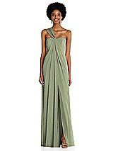 Alt View 1 Thumbnail - Sage Draped Chiffon Grecian Column Gown with Convertible Straps