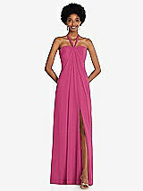 Front View Thumbnail - Tea Rose Draped Chiffon Grecian Column Gown with Convertible Straps
