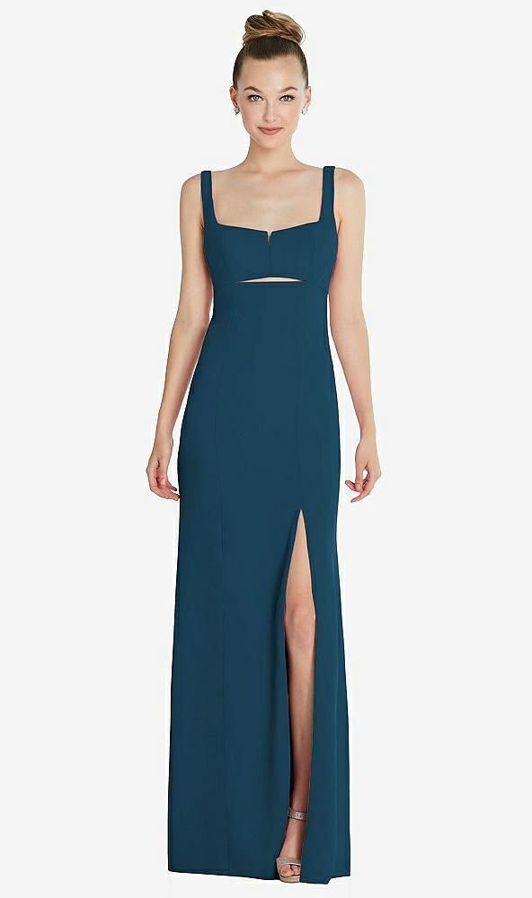 Front View - Atlantic Blue Wide Strap Slash Cutout Empire Dress with Front Slit