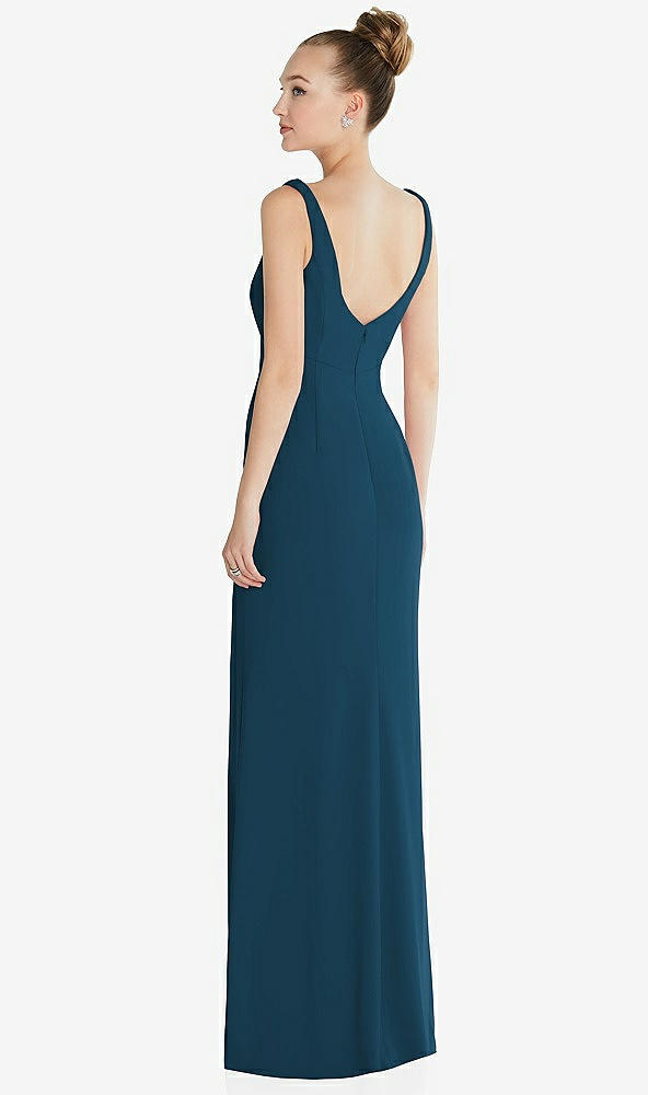 Back View - Atlantic Blue Wide Strap Slash Cutout Empire Dress with Front Slit