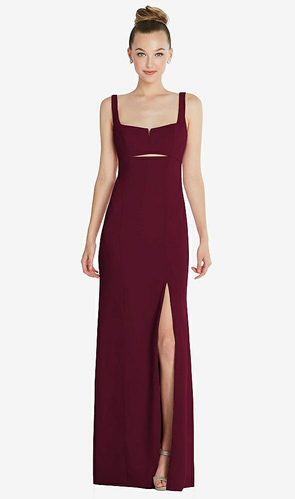 Front View - Cabernet Wide Strap Slash Cutout Empire Dress with Front Slit