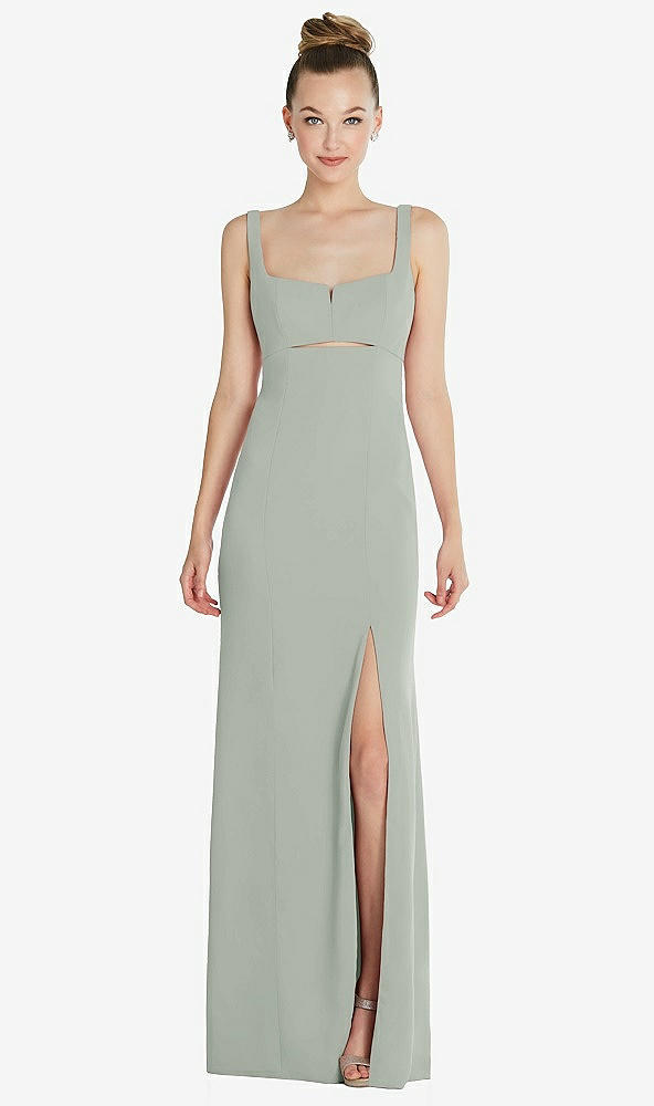 Front View - Willow Green Wide Strap Slash Cutout Empire Dress with Front Slit