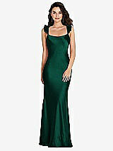 Rear View Thumbnail - Hunter Green Ruffle Trimmed Open-Back Maxi Slip Dress