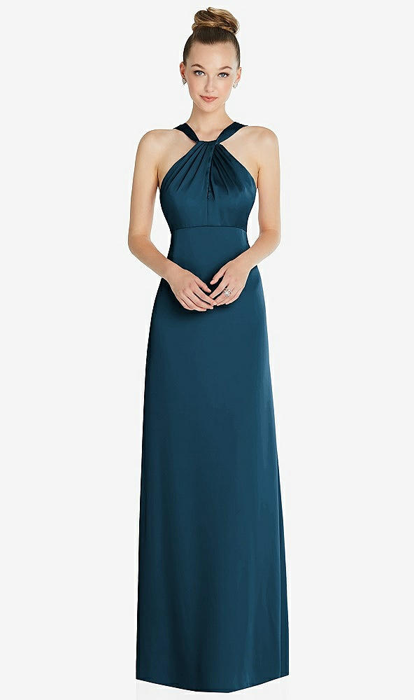 Front View - Atlantic Blue Draped Twist Halter Low-Back Satin Empire Dress