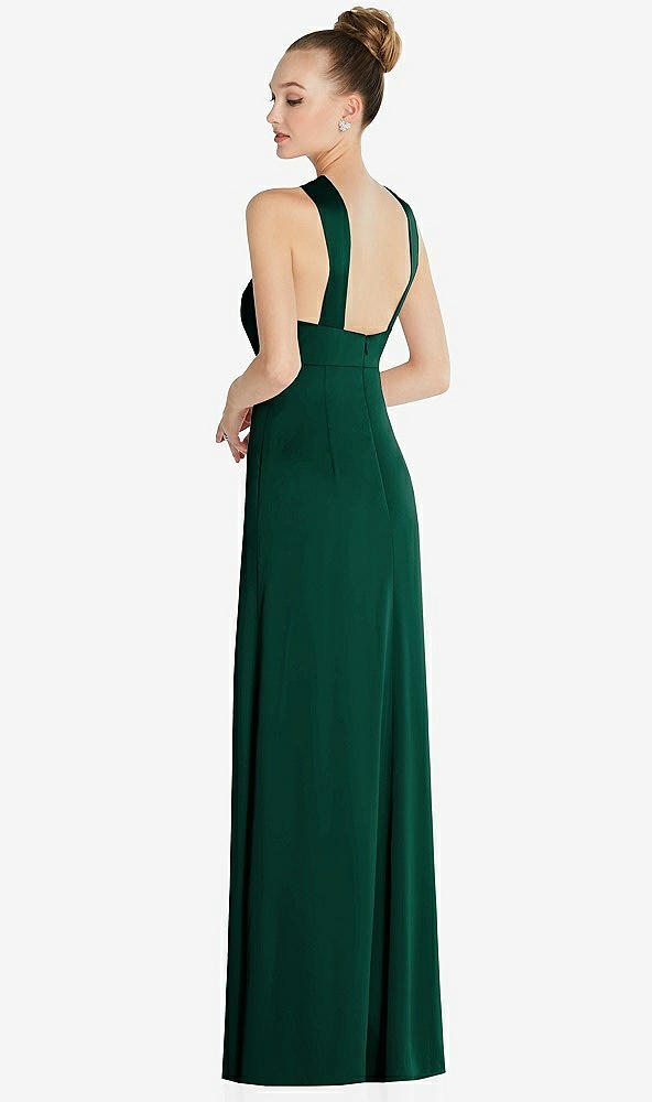 Back View - Hunter Green Draped Twist Halter Low-Back Satin Empire Dress