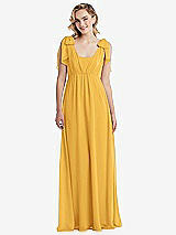 Front View Thumbnail - NYC Yellow Empire Waist Shirred Skirt Convertible Sash Tie Maxi Dress