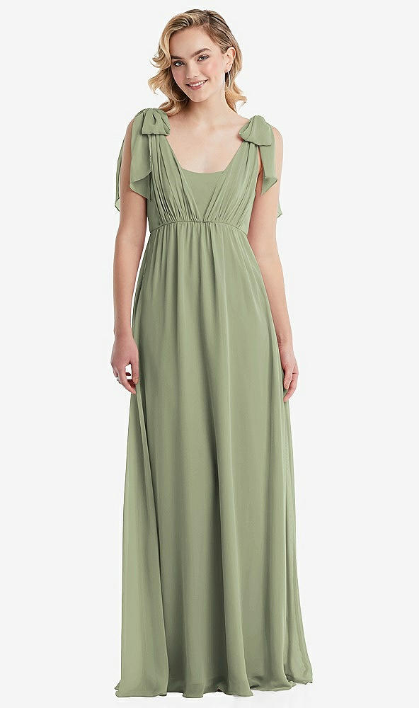 Front View - Sage Empire Waist Shirred Skirt Convertible Sash Tie Maxi Dress