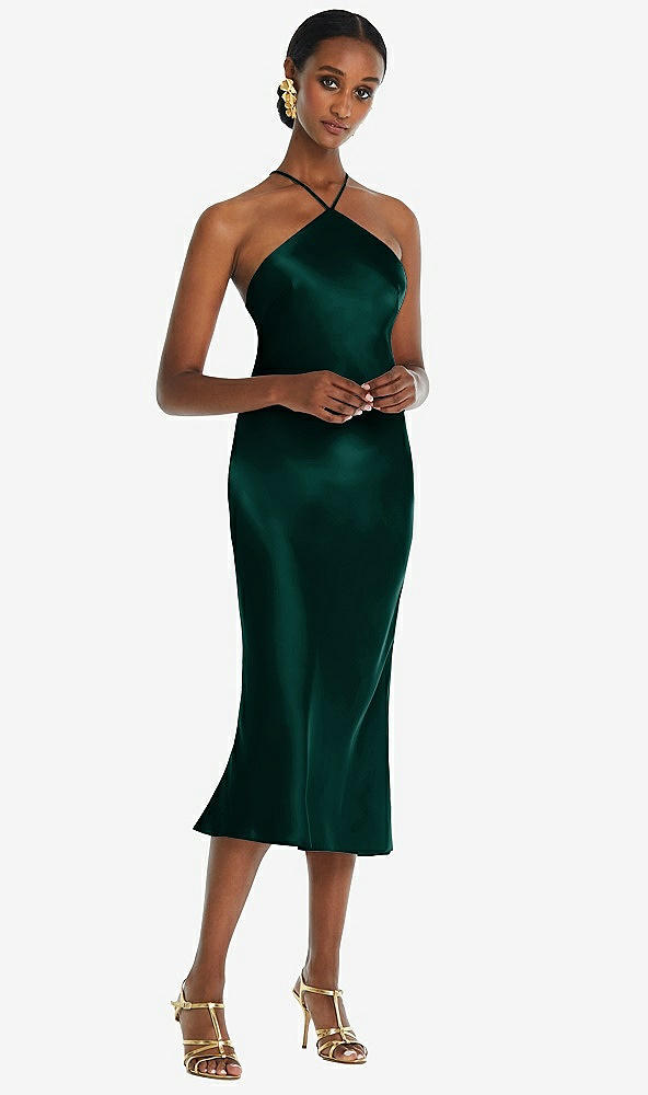 Front View - Evergreen Diamond Halter Bias Midi Slip Dress with Convertible Straps