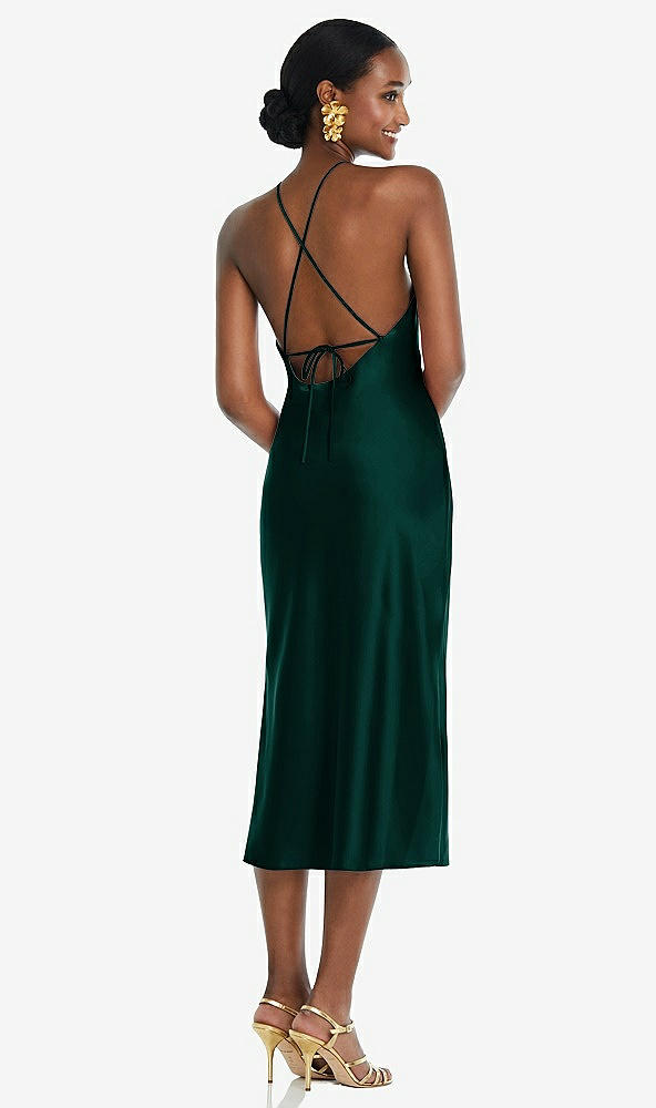 Back View - Evergreen Diamond Halter Bias Midi Slip Dress with Convertible Straps