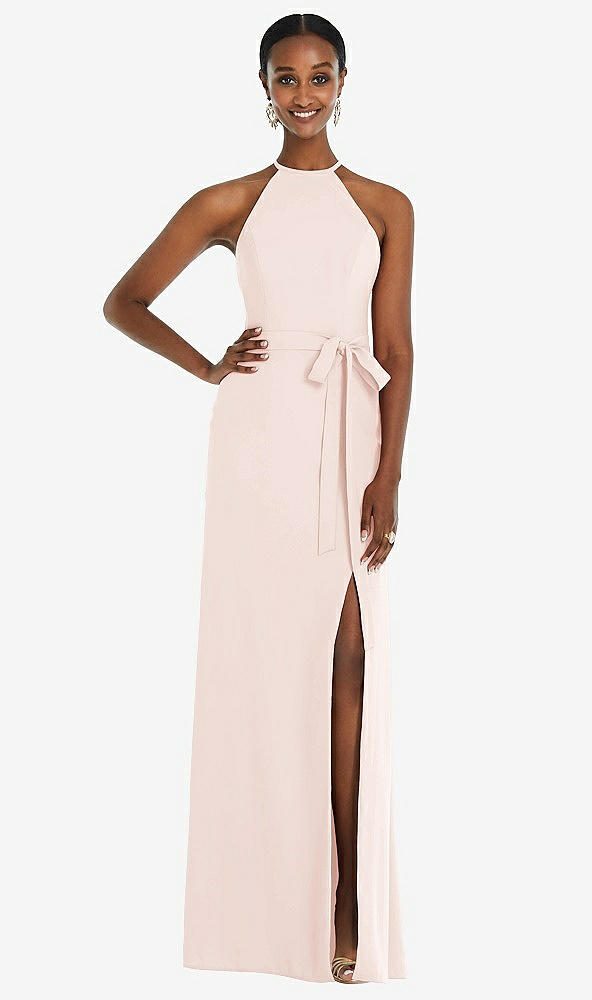 Back View - Blush Halter Criss Cross Cutout Back Maxi Dress