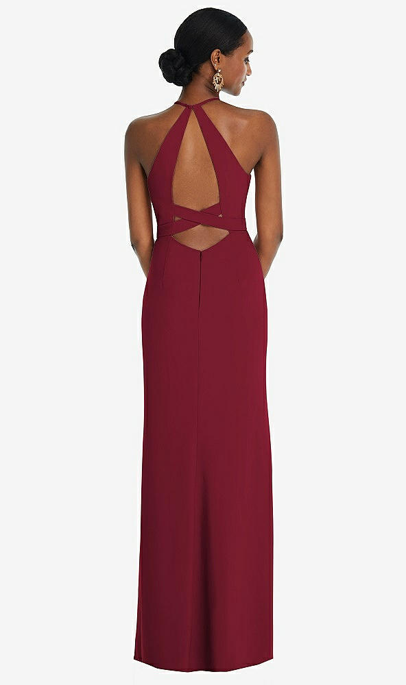 Front View - Burgundy Halter Criss Cross Cutout Back Maxi Dress