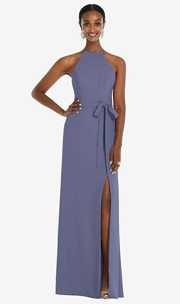 Back View - French Blue Halter Criss Cross Cutout Back Maxi Dress