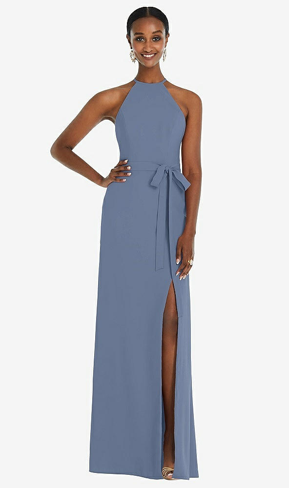 Back View - Larkspur Blue Halter Criss Cross Cutout Back Maxi Dress