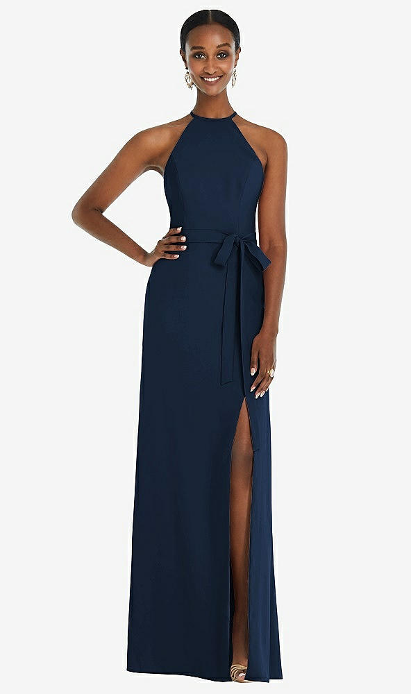 Back View - Midnight Navy Halter Criss Cross Cutout Back Maxi Dress